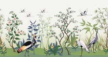 Chinoiserie Garden Wallpaper. Traditional Oriental Horizontal Pattern With Botanical Elements And Birds. Bamboo And Blooming Trees. Animals And Flowers. Asian Nature. Vector Background
