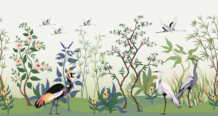 Chinoiserie garden wallpaper. Traditional oriental horizontal pattern with botanical elements and birds. Bamboo and blooming trees. Animals and flowers. Asian nature. Vector background