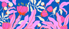 Colorful Floral And Botanical On Blue Background. Abstract Wallpaper Of Wild Flower, Branches, Tulip And Leaves In Pink Color. Exotic Plants In Summer Tone For Banner, Prints, Decor, Wall Art.