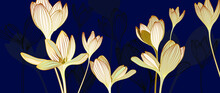Golden Floral And Botanical On Dark Blue Background  Luxury Blossom Wallpaper Of Line Art Crocus Flower And Blooms,. Elegant Exotic Plants With Gold Line Art For Banner, Prints, Decoration, Wall Art.