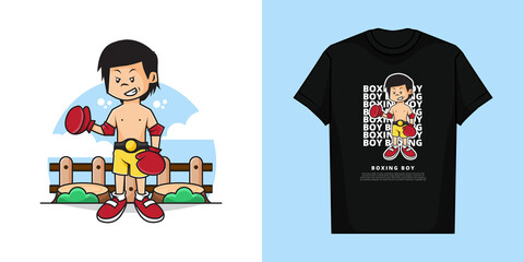 Illustration Vector Graphic of Cute Boxing Boy Wearing Champion Belt with T-Shirt Mockup Design