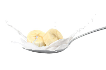 Sticker - Milk or yogurt splash with fresh banana sliced isolated on white background.