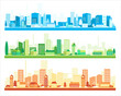 Three vector posters with city views. Modern cities with skyscrapers, houses and mountains. Panoramic view.
