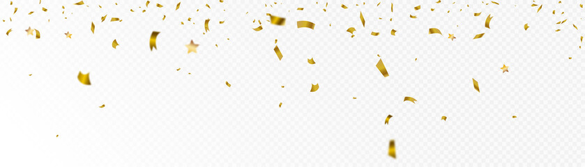 Gold confetti falls. confetti, streamer, tinsel on a transparent background for design and congratulations.Vector	