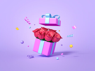 Open gift box with rose flowers, minimal surprise package on purple background. Celebration metaphor, revealing the concept of women's holiday and gifts for the anniversary. 3d render