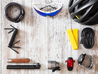 Sticker - Top view of some tools, helmet, glasses, knife and hand watch on a wooden table