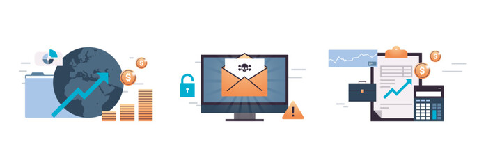 Economic development analyzing sales data, cyber crime and business finance management concept flat vector illustration.
