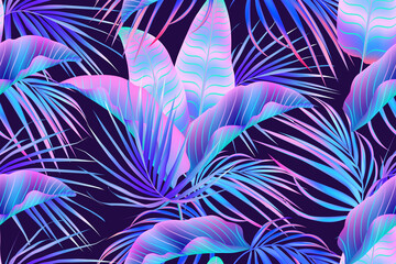 Jungle purple neon tropical leaves seamless pattern.Summer exotic botanical foliage.Fluorescent vectors colors.