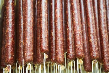 Production line of sausage products. Sausage hanging on the counter of the store. Meat products