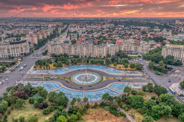 Wall Mural - The Fountain in Piata Unirii Square in Bucharest Capital of Romania seen from above