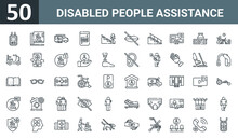 Set Of 50 Outline Web Disabled People Assistance Icons Such As Device, Wheelchair, Car, Denture, Stairs, Mute, Ramp Vector Thin Icons For Report, Presentation, Diagram, Web Design, Mobile App.