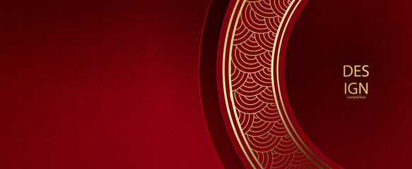Wall Mural - Red texture illustration with round frame element with golden color pattern