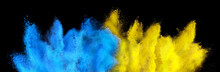 Colorful Ukrainan Flag Yellow Blue Color Holi Paint Powder Explosion Isolated Black Background. Russia Ukraine Conflict War Freedom Concept