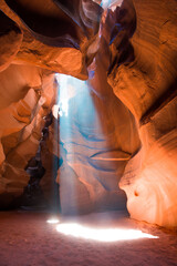 Wall Mural - Vertical shot of sunlight beaming through the crack in the Antelope Canyon, Arizona