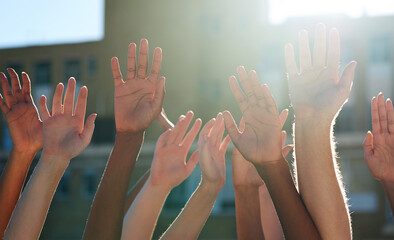 Canvas Print - We are one. Cropped shot of a diverse group of people raising their hands.