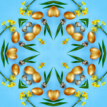 Abstract Background Of Kaleidoscope Frame. Yellow Easter Eggs Wreath On Blue Fractal Mandala. Abstract Kaleidoscopic 4 Square Arabesque. Geometrical Ornament Happy Easter Pattern
