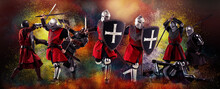 Photocollage With Angry Serious Medieval Warriors Or Knights War Clothes With Swords In Motion, Action Isolated Over Vintage Background.