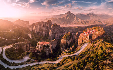 Wall Mural - Aerial view of Meteoron monastery near Kalambaka town in Greece. Sightseeing and travel destinations