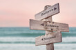 © Jon Anders Wiken - believe achieve suceed text quote written on wooden signpost by the sea. Positive pink turqoise pastel theme.