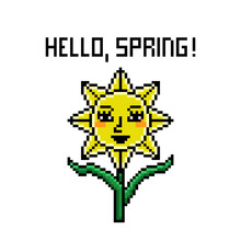 Pixel Art 'Hello, Spring' Quote And Sunflower With Woman Face On White. Magic Plant Clip Art. Sun-shaped Flower Welcoming Spring Season. 8 Bit Old School Vintage Retro 80s, 90s 2d Video Game Graphics.