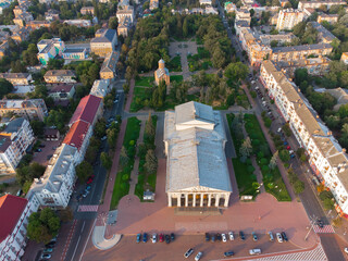 Chernigov, Ukraine. Chernihiv Regional Music and Drama Theater named after T. Shevchenko. Aerial drone view.