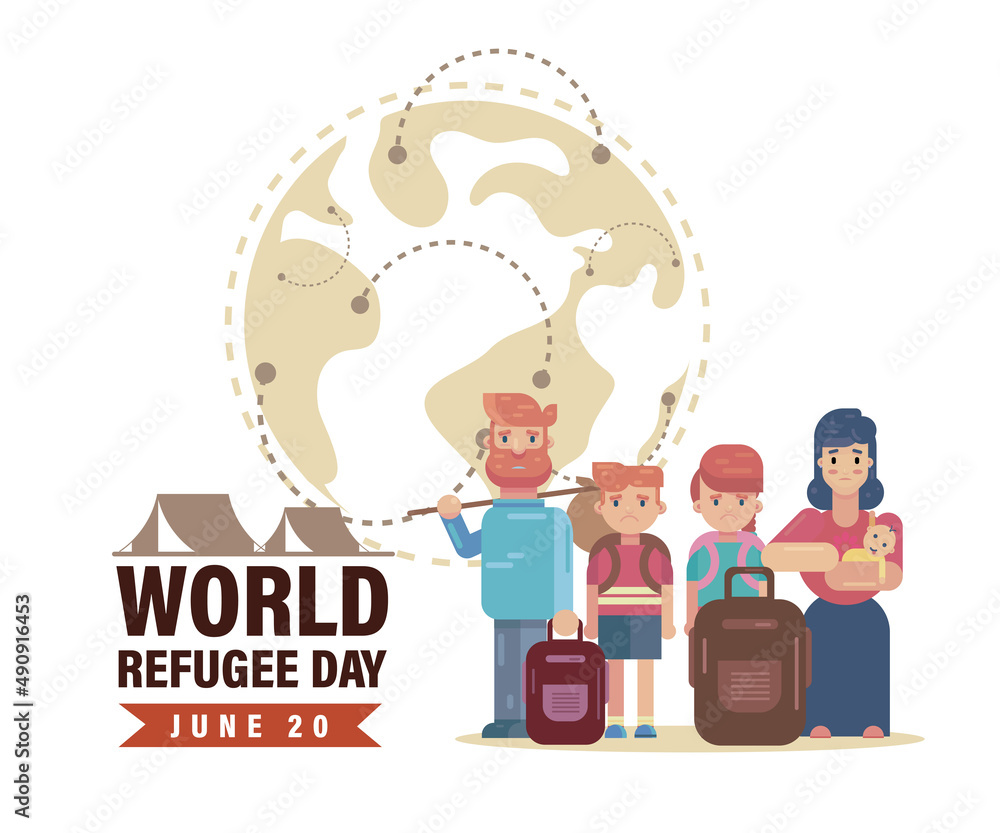 World Refugee Day 20th June, sad family leaving with camp and globe war ...