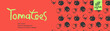 Banner organic ingredients, template design for healthy food concept, vegetarian food banner with red tomatoes background, eco store and farmers market. Tomato pattern for homemade cooking courses.
