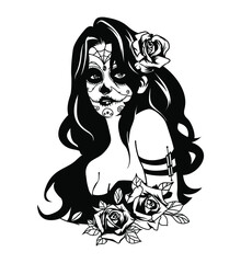 Sugar skull girl with roses . Day of dead girl black and white illustration