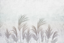 Spikes Of Reeds Against A Concrete Wall. Illustration With Boho Style Flora. Pampas Grass Outdoors In Light Pastel Colors. Dry Reeds. Hand-drawn 3D Illustration.