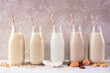 Assortment of vegan, plant based, non dairy milks in bottles. Side view with scattered ingredients against a bright stone background