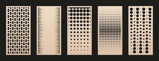 Aufkleber - Laser cut panel set. Collection of abstract geometric patterns with circles, halftone dots, grid, gradient transition. Decorative stencil for laser cutting of wood, metal, paper. Aspect ratio 1:2
