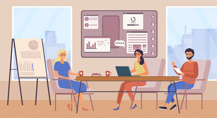 Wall Mural - business brainstorming concept. man and girl sitting at laptop in office. colleagues discuss new ide