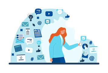 Wall Mural - information overload concept. girl on phone looking for necessary data. social networks, news and ru