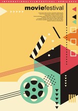 Abstract Memphis Style Graphic Design Concept For Movie Festival Poster. Geometric Shapes And Elements, Film Reel And Clap Board On Colorful Background. Vector Illustration.