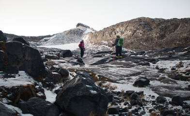 Poster - Two people mountaineering in alpine ecosystem on snowy glacier