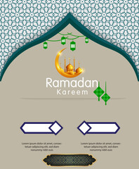 Wall Mural - Ramadan Kareem layout banner, gold background decoration, beautiful arabesque pattern. Vector illustration. Hanging golden crescent and stars, paper cut clouds