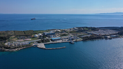 Wall Mural - Aerial drone bird's eye view photo from island of Psitaleia the largest sewage treatment plant in Europe, Saronic gulf, Peiraeus, Attica, Greece