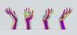 3D illustration of hand models suitable for product placement, showing hands holding or touching something. Arm sculptures made of holographic glossy material.