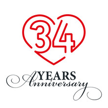 34 Years Anniversary Celebration Number Thirty Bounded By A Loving Heart Red Modern Love Line Design Logo Icon White Background