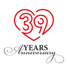 39 Years Anniversary Celebration Number Thirty Bounded By A Loving Heart Red Modern Love Line Design Logo Icon White Background