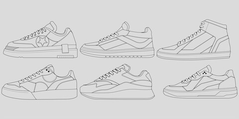 set of outline Cool Sneakers. Shoes sneaker outline drawing vector, Sneakers drawn in a sketch style, sneaker trainers template outline, Set Collection. vector Illustration.
