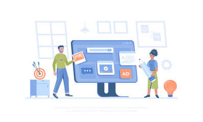 Wall Mural - People building user interface. Content marketing. Web and app development. Writing and editing texts, photos and videos. Cartoon modern flat vector illustration for banner, website design, landing