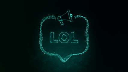 Poster - Megaphone banner with speech bubble and text lol. Plexus style of green glowing dots and lines. Abstract illustration