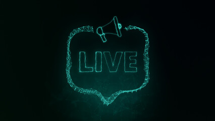 Fototapete - Megaphone banner with speech bubble and text live. Plexus style of green glowing dots and lines. Abstract illustration