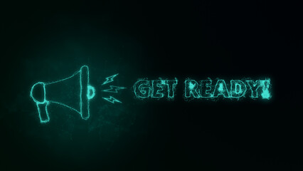 Aufkleber - Megaphone banner with text get ready. Plexus style of green glowing dots and lines. Abstract illustration