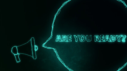 Aufkleber - Megaphone banner with speech bubble and text are you ready. Plexus style of green glowing dots and lines. Abstract illustration