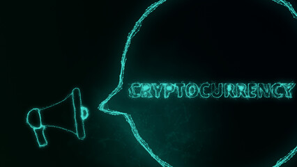 Fototapete - Megaphone banner with speech bubble and text cryptocurrency. Plexus style of green glowing dots and lines. Abstract illustration