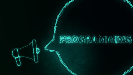 Fototapete - Megaphone banner with speech bubble and text programming. Plexus style of green glowing dots and lines. Abstract illustration