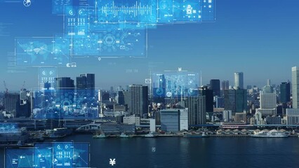 Aufkleber - Modern cityscape and communication network concept. Telecommunication. IoT (Internet of Things). ICT (Information communication Technology). 5G. Smart city. Digital transformation.