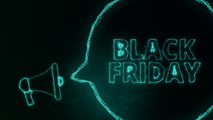 Aufkleber - Megaphone banner with speech bubble and text black friday. Plexus style of green glowing dots and lines. Abstract illustration